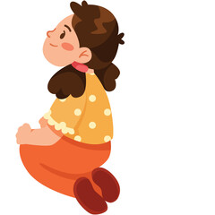 Young Cartoon Girl in Yellow Polka Dot Shirt and Orange Pants Kneeling with Brown Hair and Happy Expression White Background Full Body Illustration