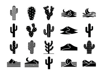 A diverse collection of black silhouette icons representing various types of cacti and minimalist desert landscape scenes with dunes and mountains