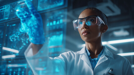 Black female medical professional reviewing patient data on transparent holographic screen with an AI interface displaying analytics, concept of using AI technology in healthcare