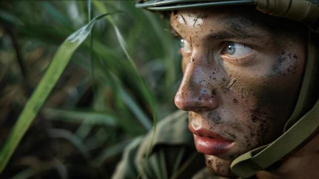 A young soldier with mud on his face and uniform, looking directly at the camera