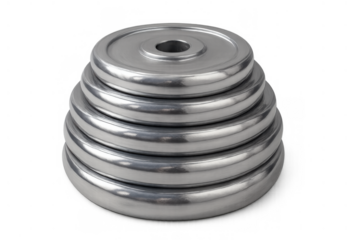 Stack of various sized chrome weight plates for barbell, symbolizing strength, fitness, exercise, and progress, isolated on transparent background