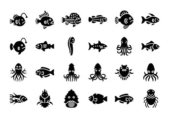 Naklejka premium Monochrome icon collection of diverse sea creatures and aquatic life. Vector glyphs of fish, octopus, squid, and shark symbols for design