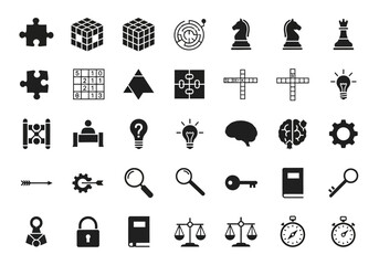 A versatile collection of solid glyph icons representing concepts of logic, strategy, and intellectual problem-solving