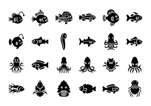 Monochrome icon collection of diverse sea creatures and aquatic life. Vector glyphs of fish, octopus, squid, and shark symbols for design