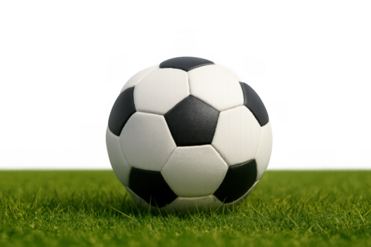 Soccer ball resting on green grass, ready for a game or sports competition, with a transparent background