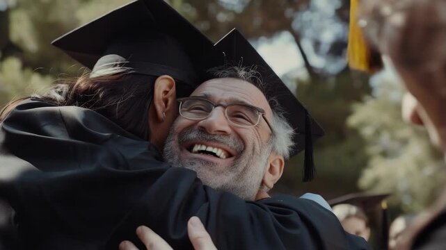 A heartwarming scene of a man embracing two graduates in caps and gowns. A proud moment of achievement.