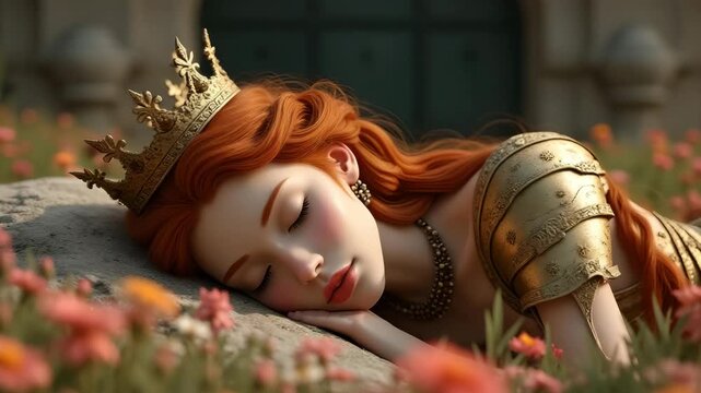 Red-haired queen resting with royal grace
