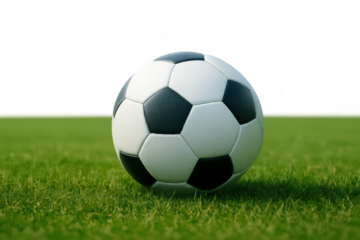 Soccer ball resting on green grass texture with transparent background, representing sport, game, and competition