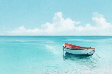 Naklejka premium watercolor illustration of small boat on calm turquoise sea, pastel blue sky, peaceful escape 