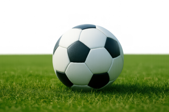 Soccer ball resting on green grass texture with transparent background, representing sport, game, and competition