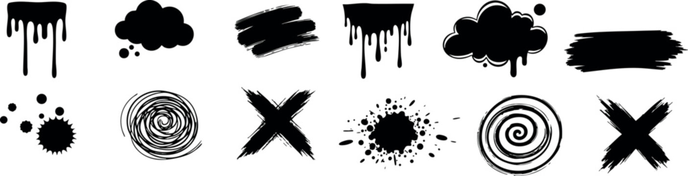 Grunge ink splatter brush strokes and scribble swirls vector elements for creative graphic design projects 