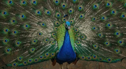 Fototapeta premium An intensely vibrant and detailed artistic depiction of a majestic peacock showcasing its elaborate, multicolored plumage in thick paint texture ,gold ,animal ,artwork