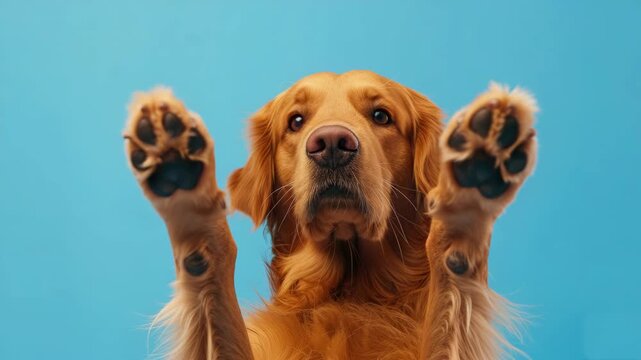 Joyful golden dog extending paws in air against blue background