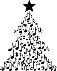 Christmas tree made of musical notes with star on top silhouette
