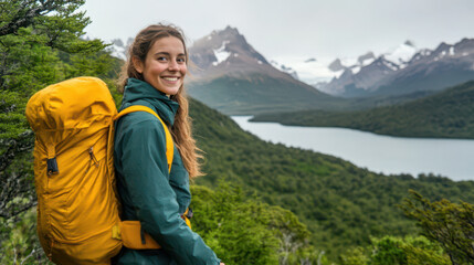 Portrait of a happy woman in warm with a yellow backpack against the background of mountains and a lake, with lush greenery. She is hiking