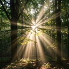 Sunlight streaming through dense forest canopy creating a luminous, glowing atmosphere and ethereal rays around ancient trees, glowing, shimmer, beam