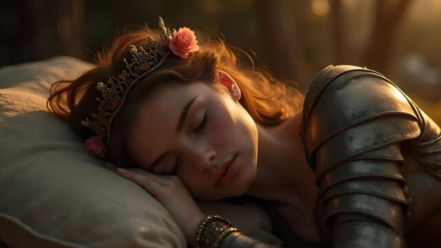 Crowned maiden peacefully resting in sunlight