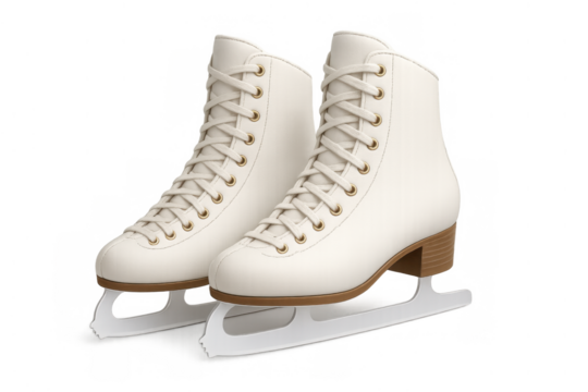 White figure skates with sharpened blades for ice skating, winter sport, recreation, and competition with transparent background