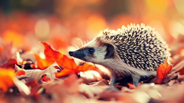 Cute hedgehog exploring colorful fall foliage.