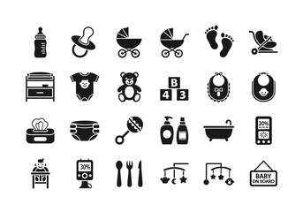 A comprehensive set of black glyph icons representing newborn baby essentials, childcare items, and parenting symbols for graphic design