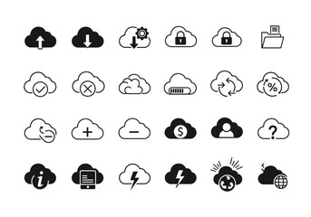 A comprehensive set of cloud computing line icons, illustrating data storage, transfer, and security concepts. Design collection 2j (304)