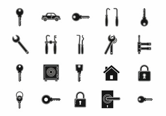 Obraz premium A comprehensive vector icon set for locksmith services and security systems, featuring keys, locks, professional tools, a safe, and a car