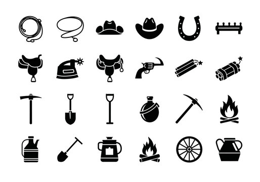 A versatile set of vector silhouette icons depicting Wild West themes, from cowboy gear and gold rush mining tools to pioneer life essentials