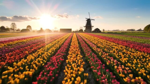 Vibrant Tulip Field with Dutch Windmill at Sunrise.