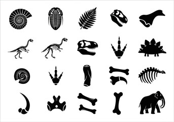 A diverse collection of black silhouette icons representing paleontology, including various dinosaur skeletons, fossils, and prehistoric animal bones for graphic design © John