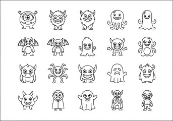 A diverse collection of cute monster and fantasy creature line icons. Set of twenty simple black and white cartoon characters for Halloween and graphic design