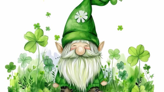 A green gnome is sitting in a field of clovers. The gnome is wearing a green hat and a green sweater