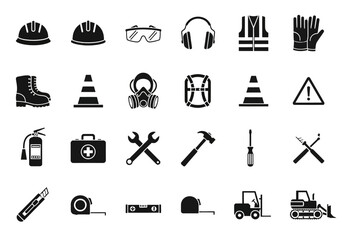 Obraz premium Solid glyph icon set for construction safety, personal protective equipment (PPE), and building industry tools and vehicles
