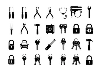 Collection of black silhouette icons for locksmith services, featuring keys, locks, a safe, and professional repair tools