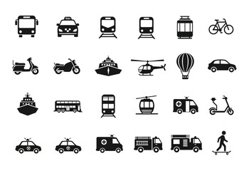 A large vector collection of transportation and vehicle icons, presented in a solid black silhouette style for universal design applications