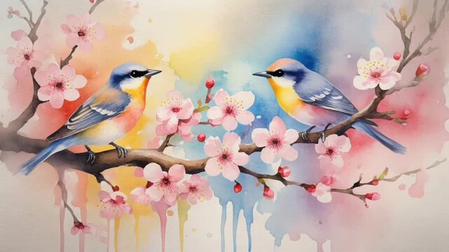 A delicate watercolor painting of two songbirds on a branch.