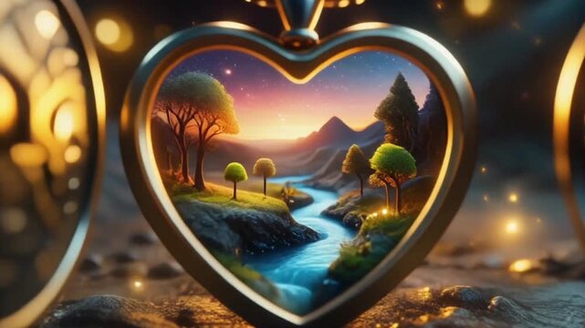 A cinematic scene inside a heart-shaped locket that opens to reveal a miniature, magical world with tiny, glowing trees and a flowing river.