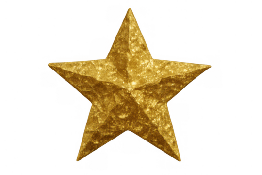 Golden grungy textured star symbol with crumpled foil surface for award winning success concept on transparent background
