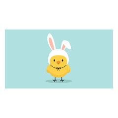 Cute cartoon chick wearing white bunny ears, standing with a yellow bow tie on a blue background