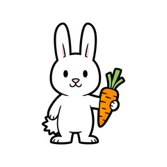 Cute cartoon white rabbit holding a fresh orange carrot, adorable animal character illustration