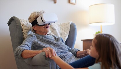 Senior Woman and Child Explore Virtual Reality