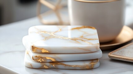 Elegant stack of white marble and gold vein coasters for drinks on a clean table