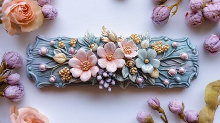 Decorative Floral Bas-Relief with Pastel Flowers, Golden Accents, and Real Roses on White