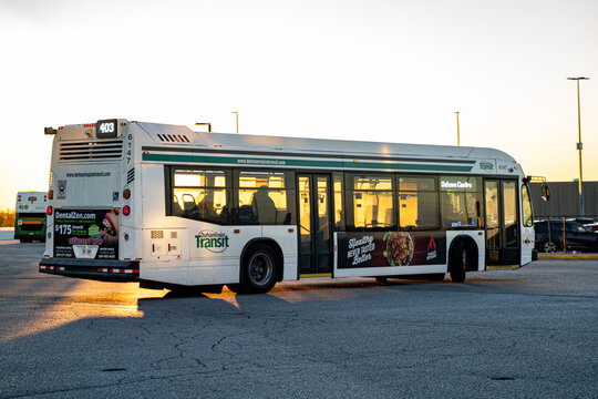 View of Durham Region Transit bus at sunset. Oshawa, Canada - October 26, 2025.