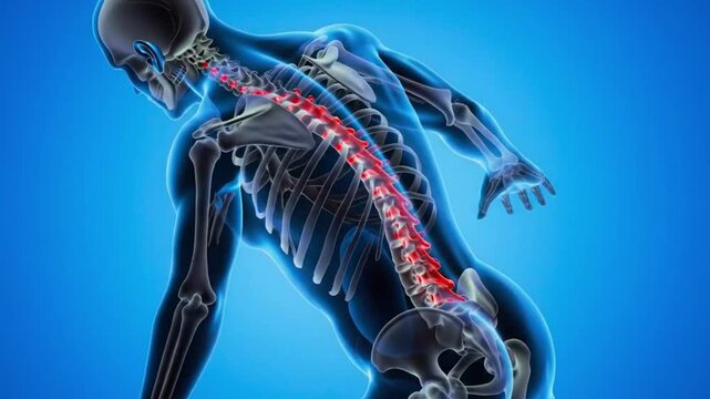 Anatomy of human back showing spine and bones in blue tone with red highlights on the vertebrae