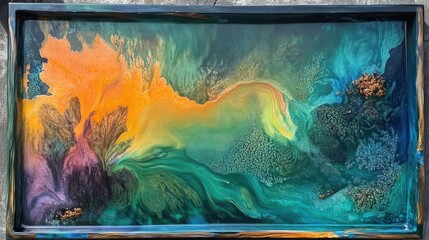 Vibrant Abstract Liquid Art Background with Flowing Orange, Green, and Blue Resin Swirls and Metallic Shimmer