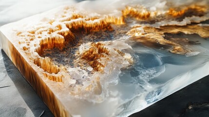 Abstract resin art sculpture with golden textured formations and clear blue liquid, creating an encapsulated natural landscape.
