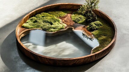 Miniature Moss Garden Landscape in Round Wooden Tray with Resin Water, top-down view on Concrete Surface
