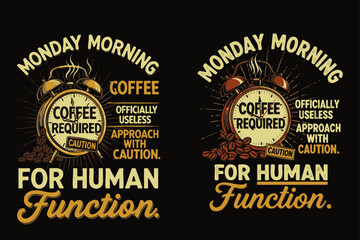 A humorous t-shirt design featuring a quirky alarm clock and coffee beans, perfect for those who need a caffeine boost on Monday mornings.