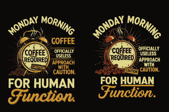 A humorous t-shirt design featuring a quirky alarm clock and coffee beans, perfect for those who need a caffeine boost on Monday mornings.