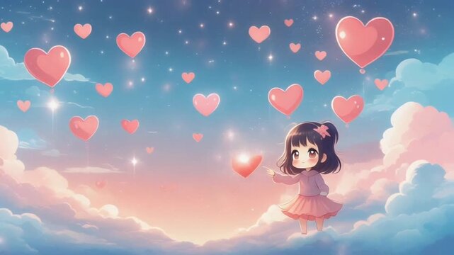 Cute chibi love scene, floating hearts, featuring a tiny character, with blue sky and sweet sparkles.
